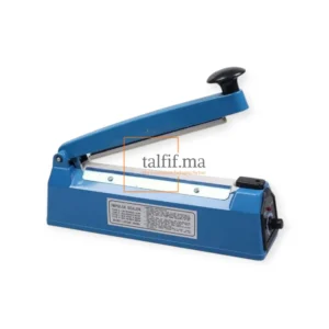 Soudeuse à impulsion 20 cm bleue, idéale pour sceller des sachets plastiques rapidement et efficacement, avec réglage de température et design compact.