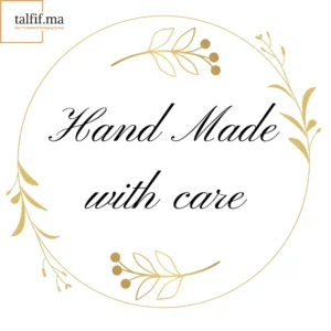 Sticker “Hand Made with Care” et doré, design élégant avec motifs floraux, parfait pour personnaliser vos créations artisanales et emballages cadeaux.