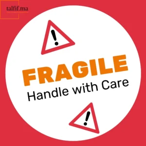 Autocollant “Fragile - Handle with Care” rouge et blanc avec des symboles d’avertissement, conçu pour signaler la manipulation délicate des colis.
