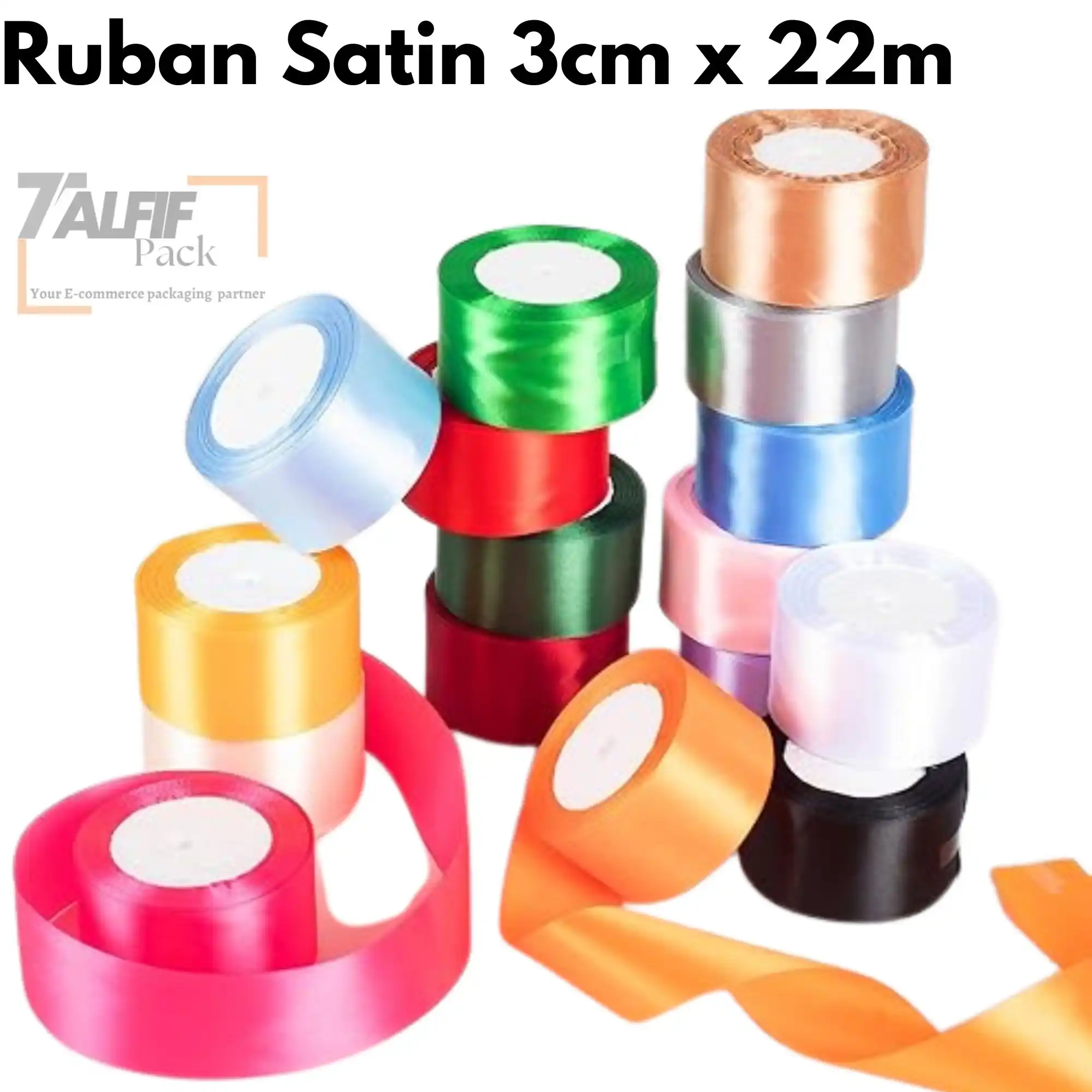 Rouleaux de ruban satin 5cm x 22m, disponibles en couleurs variées, parfaits pour les décorations, les emballages cadeaux et les projets créatifs.