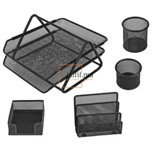 Ensemble d'organisateurs de bureau en métal grillagé comprenant un organiseur de documents, porte-stylos et boîte multifonction."