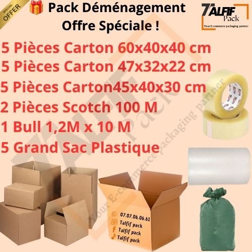 Pack déménagement complet avec cartons de différentes tailles, ruban adhésif, film bulles et sacs plastiques – TALFIF Pack
