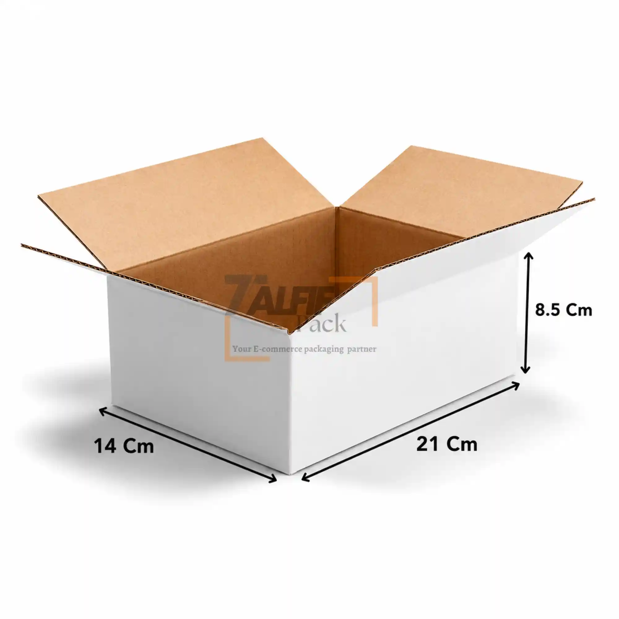 Caisse en carton blanc 21x14x8.5 cm pour emballage et expédition.